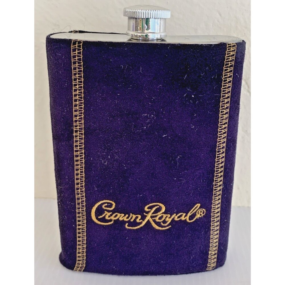 Crown Royal Whiskey Flask Stainless Steel with Purple Velvet Felt Cover 8 oz.